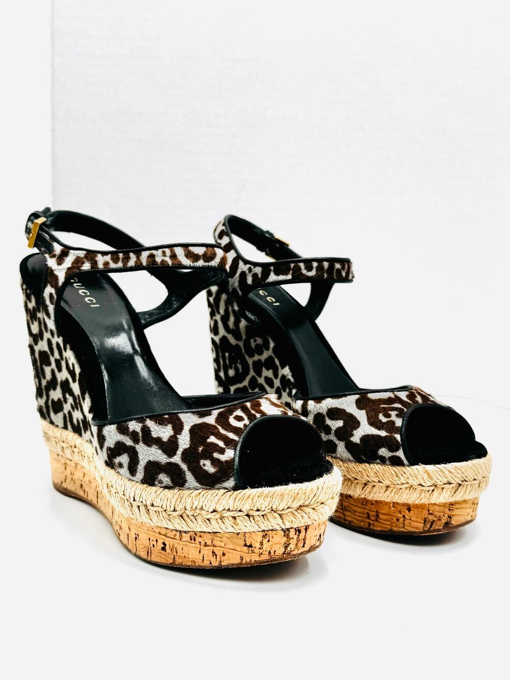 Gucci Leopard Pony Hair Espadrille Wedge Platform Sandals Heels EU 37